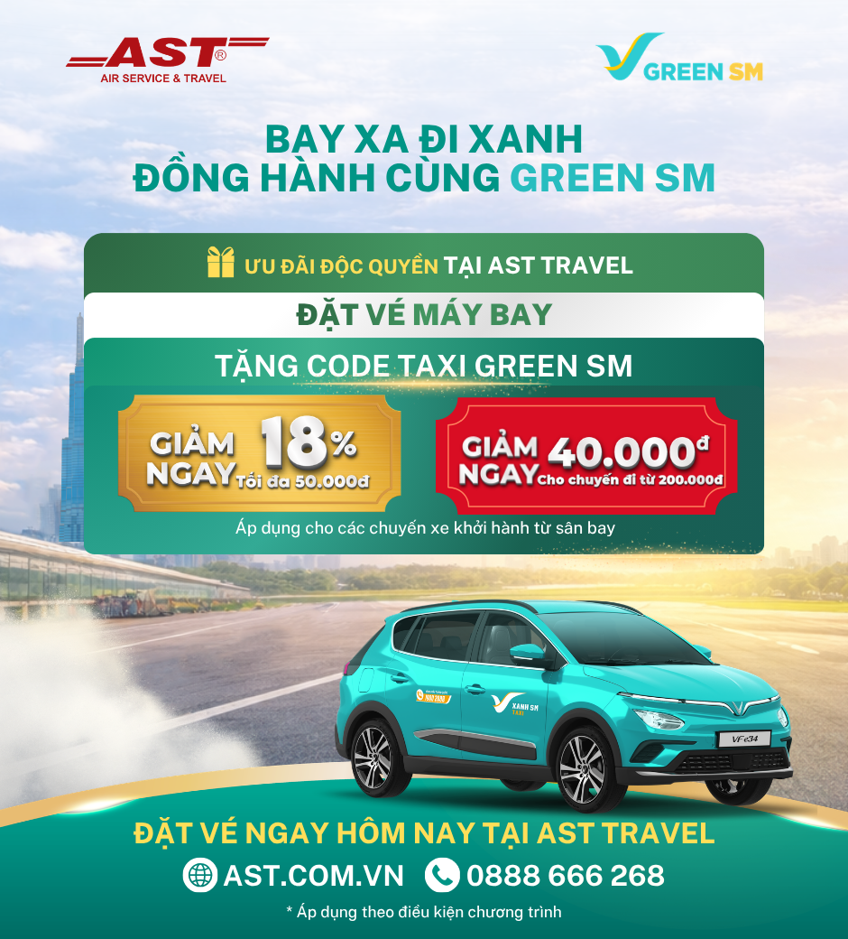 Tang voucher taxi Xanh SM khi khach hang dat ve EVA Air tại AST Travel